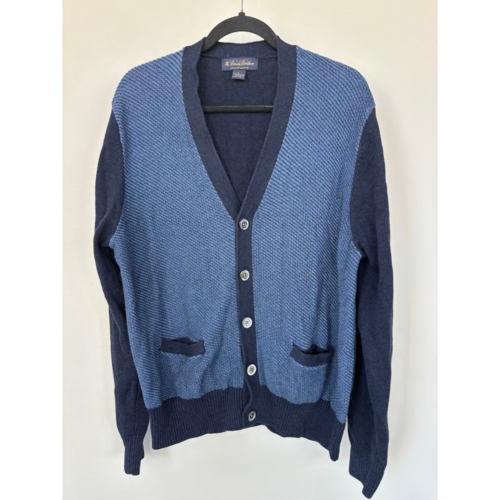 Brooks Brothers Mens Supima Cotton Cardigan Sweater Blue Colorblock Textured L